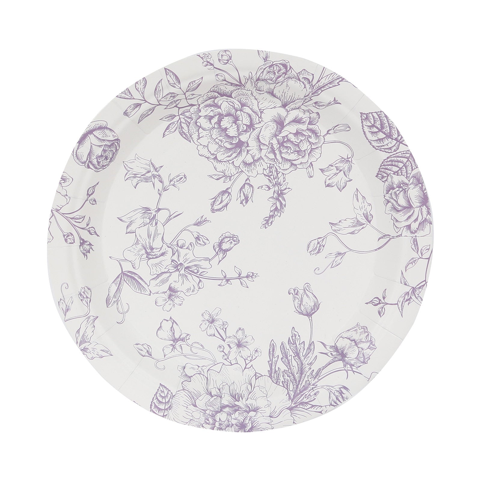 25-Pack Paper 7 Round Dessert Plates in White with Matte Lavender French Toile Pattern - Disposable Floral Salad Appetizer Plates