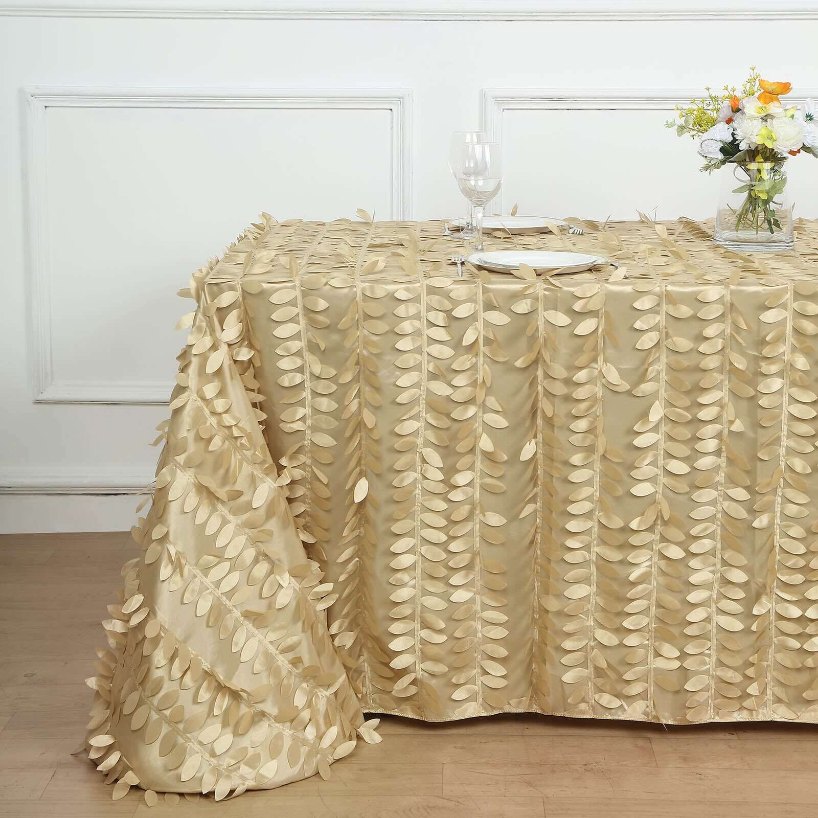 Taffeta 90x156 Rectangle Tablecloth Champagne | 3D Leaf Petal Design Seamless Table Cover