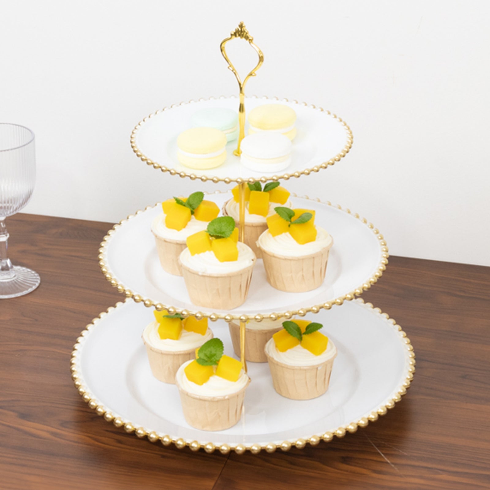14 White 3-Tier Plastic Dessert Display Stand With Gold Beaded Rim, Round Cupcake Tower Tea Party Serving Platter With Top Handle