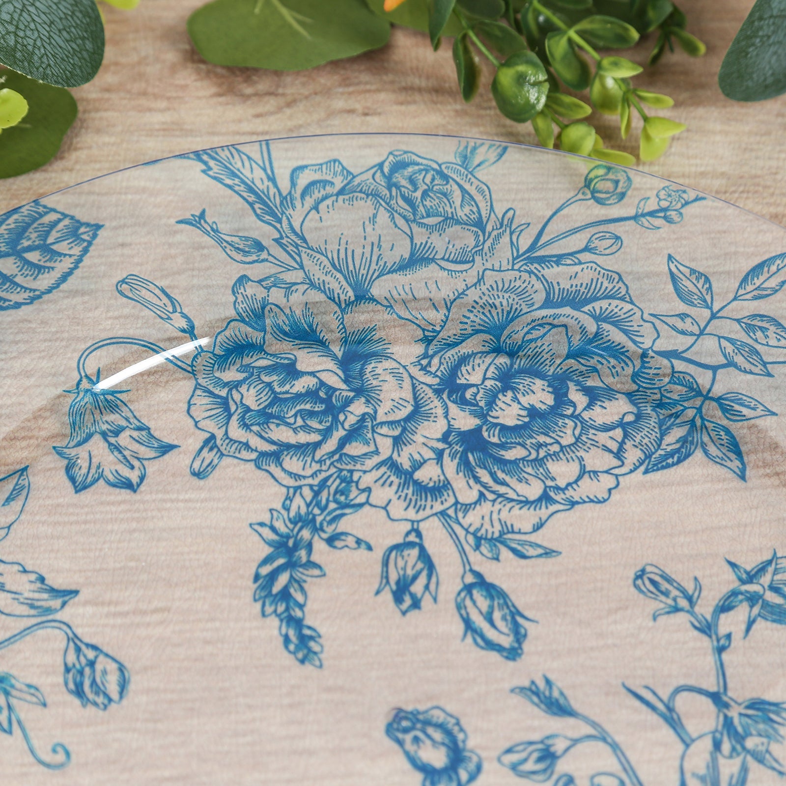 6 Pack Round Floral Acrylic Charger Plates in French Toile Pattern, 13 Clear Light Blue Dinner Charger Event Tabletop Decor