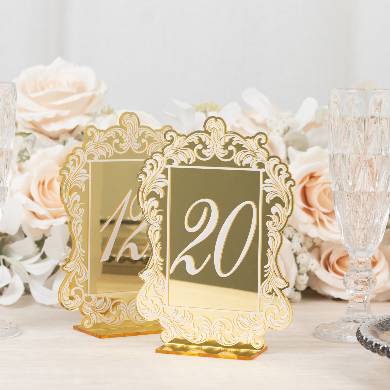 Gold Mirror Arch Acrylic Table Numbers (11-20) - 5x7 Wedding Reception Signs with Baroque Lace Border, White Print & Stands