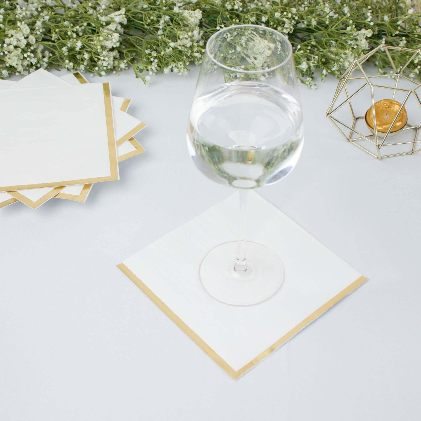 50-Pack Paper Beverage Napkins with Gold Foil Edge White - Disposable 2 Ply Cocktail Napkins for Events 6.5x6.5