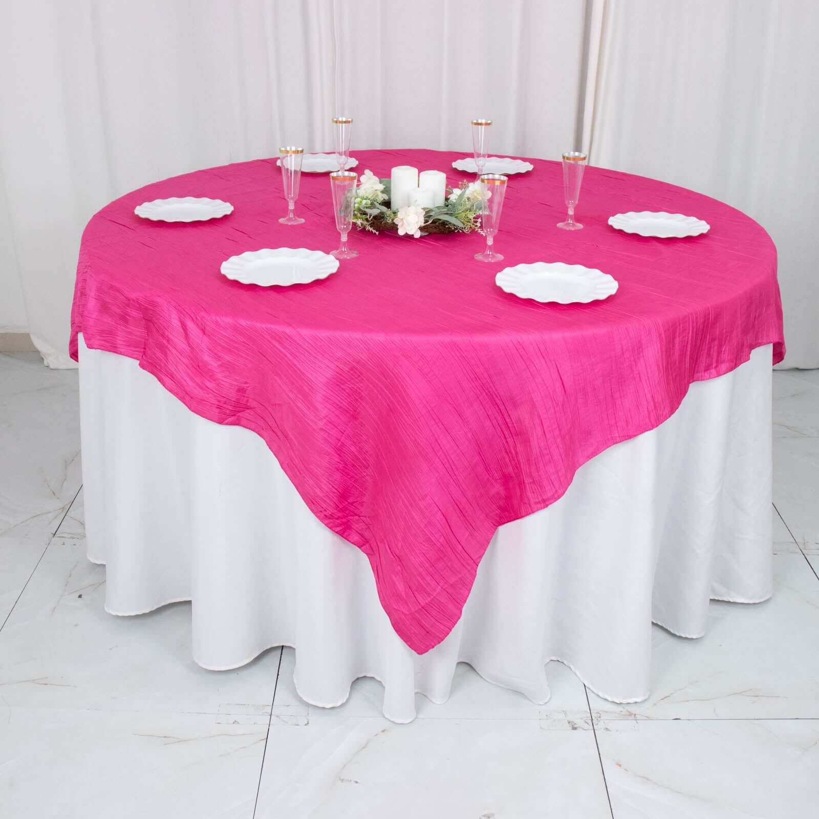 Taffeta 72x72 Table Overlay Square Tablecloth Fuchsia - Accordion Crinkle Table Cover