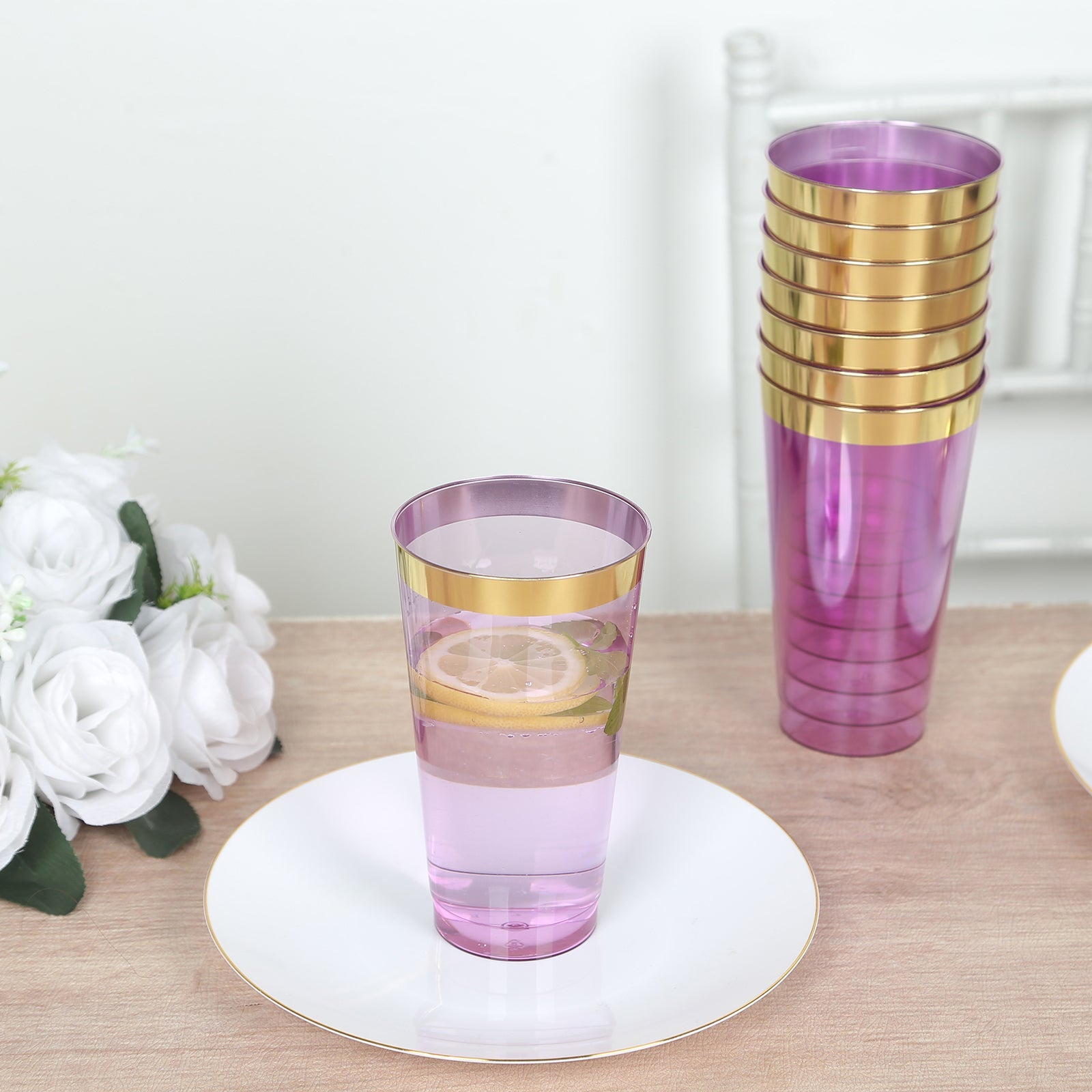 12-Pack Plastic Party Cups Transparent Purple with Gold Rim - Durable Disposable Tumblers for Drinks 17oz 5.5