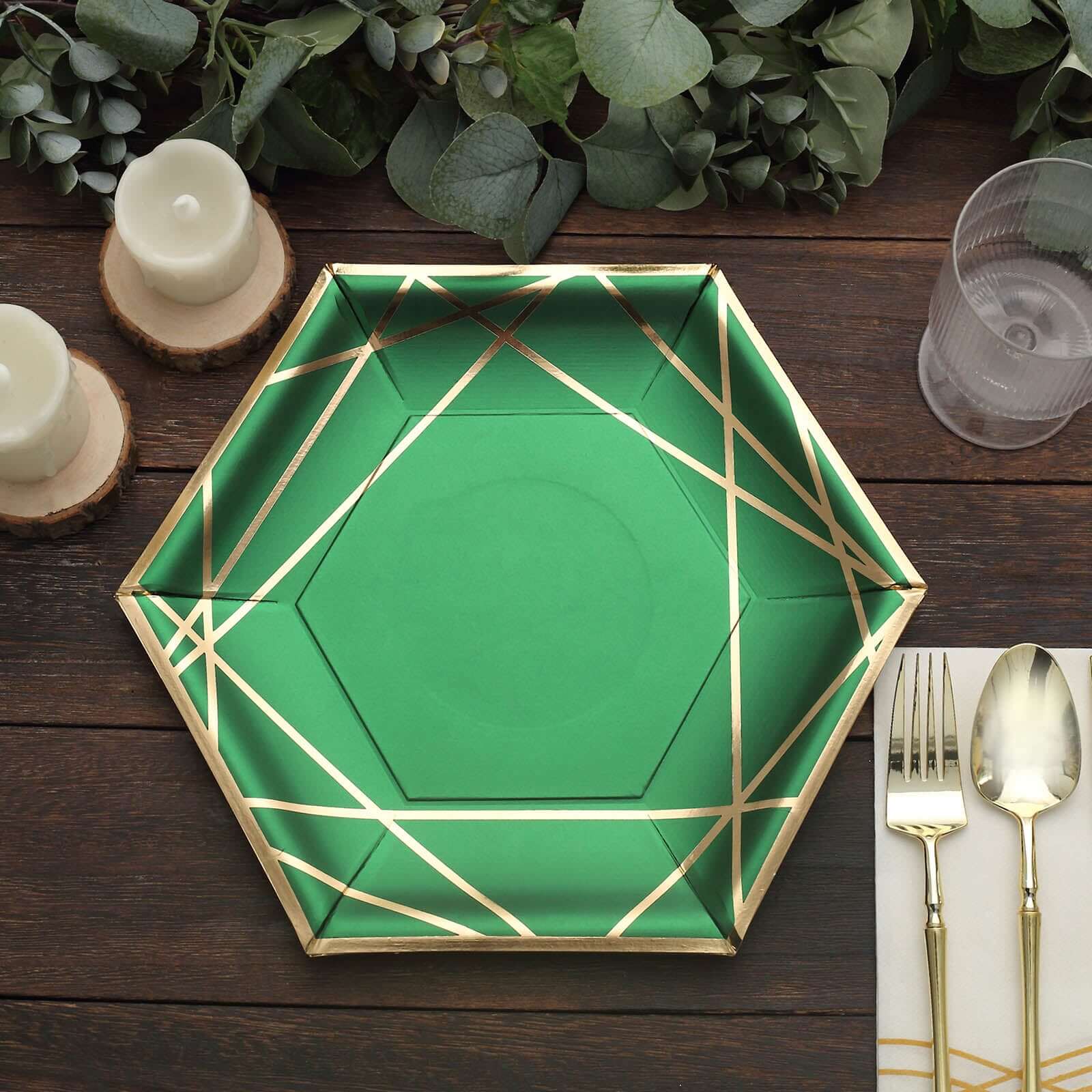 25-Pack Paper 9 Hexagon Dinner Plates in Hunter Emerald Green with Gold Geometric Lines & Rim - Stylish Disposable Geometric 300GSM Party Plates