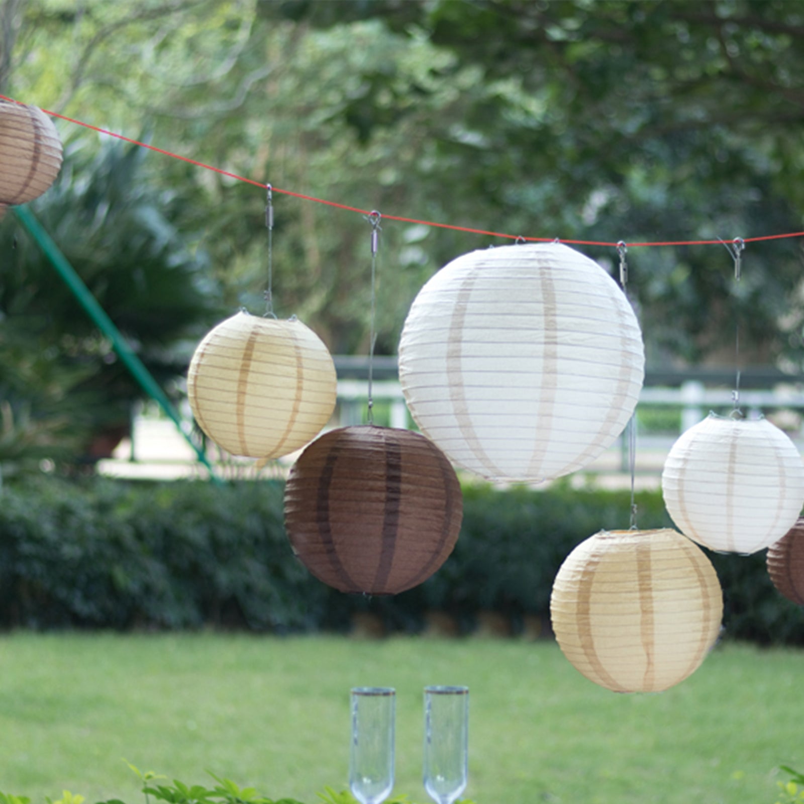 Set of 8 Natural Brown Hanging Paper Lanterns Assorted Sizes, Decorative Round Chinese Sky Lanterns - 6,8,10,14