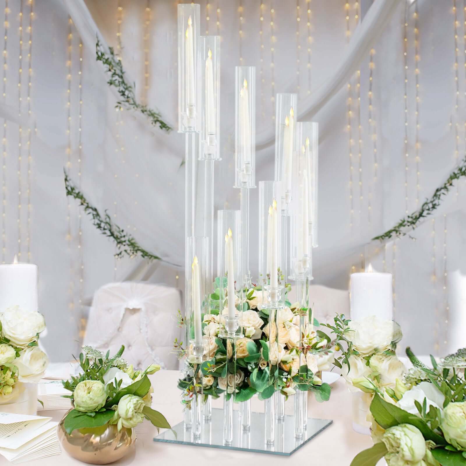 Crystal Glass Cluster Candelabra Pedestal Stand - Square Hurricane Taper Candle Holder Table Centerpiece 4ft