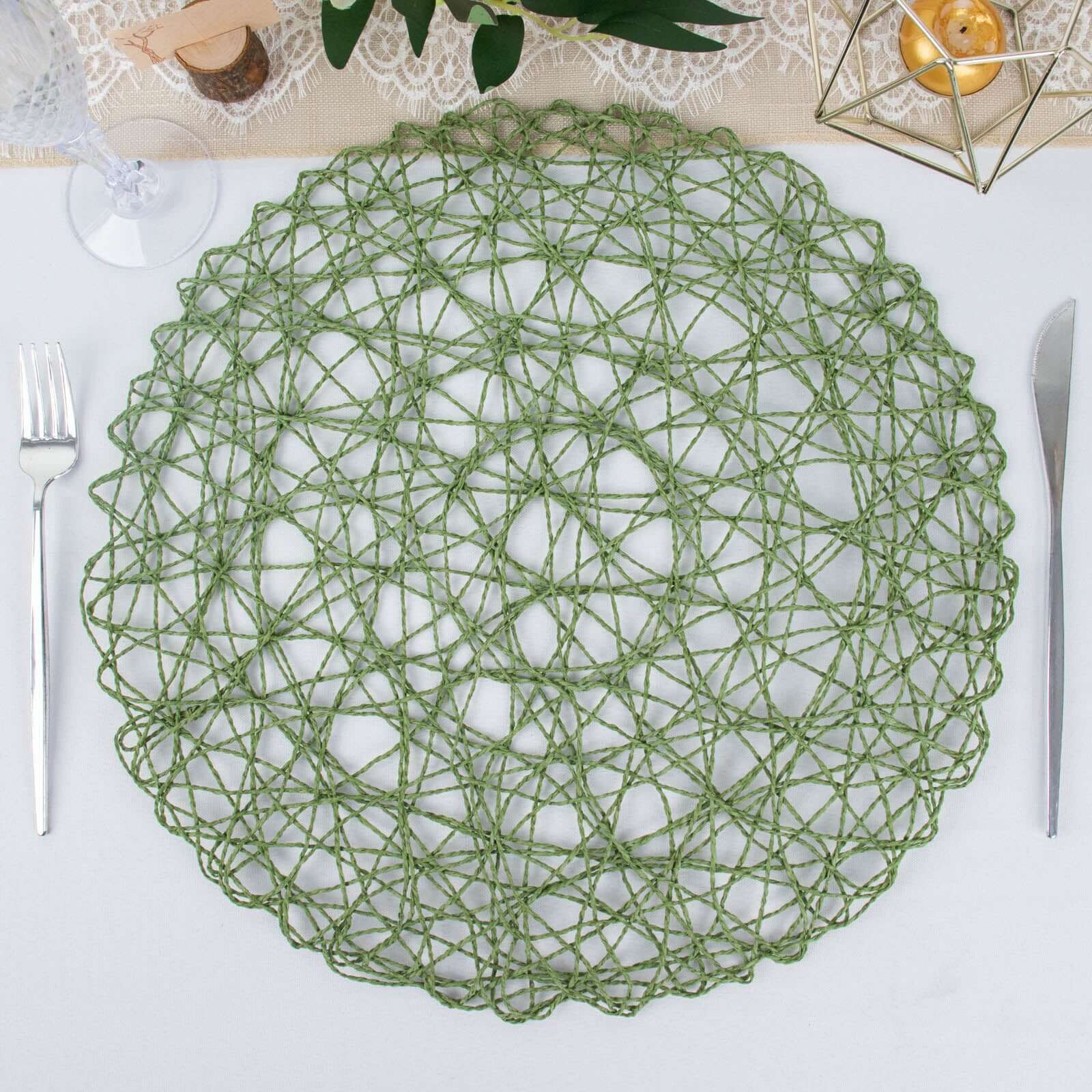 6-Pack Table Placemats Woven Fiber Design Olive Green Round - Disposable Mats for Dining and Events 15