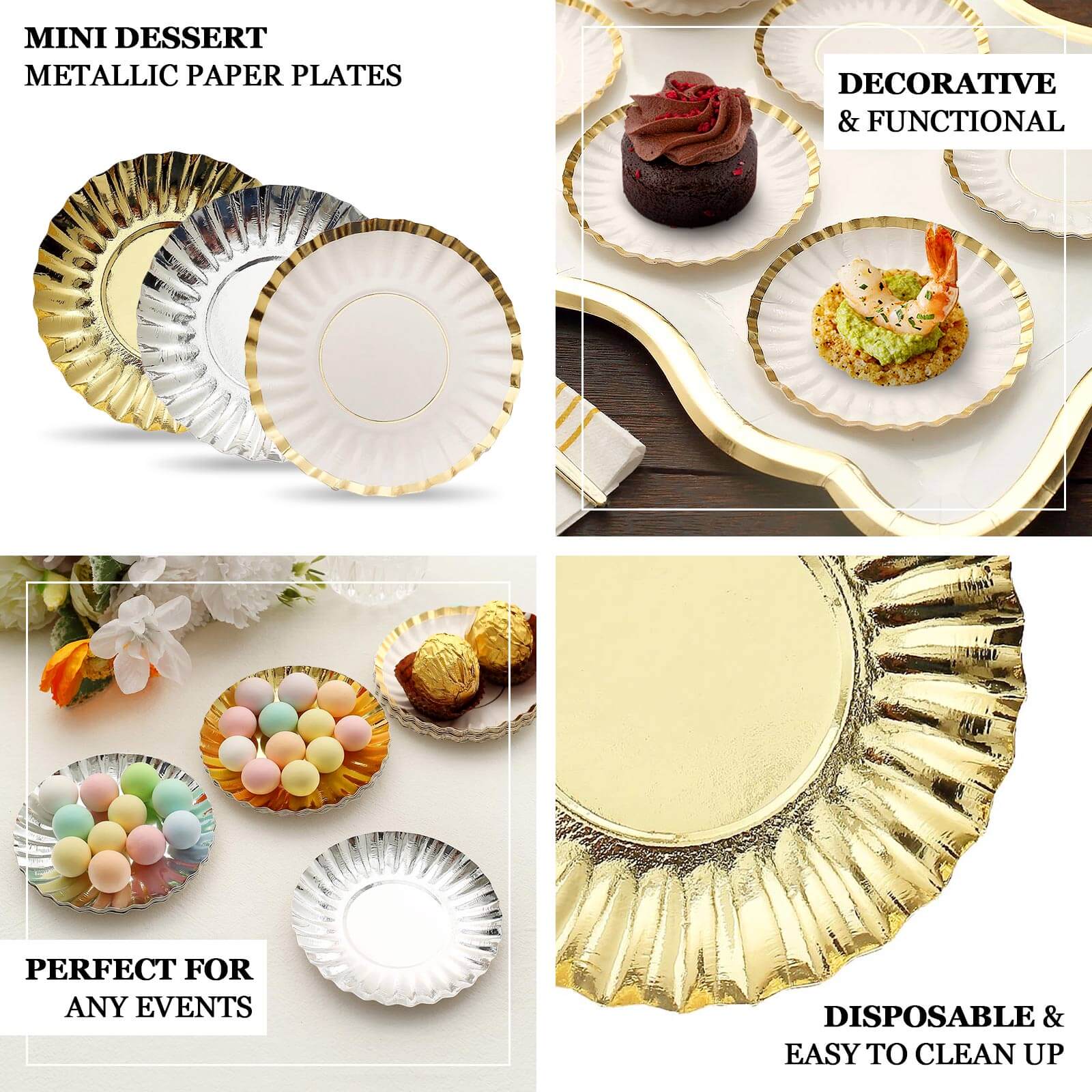 50-Pack Paper 5 Round Dessert Plates in Metallic Silver with Scalloped Rim - Disposable 250GSM Appetizer Party Plates