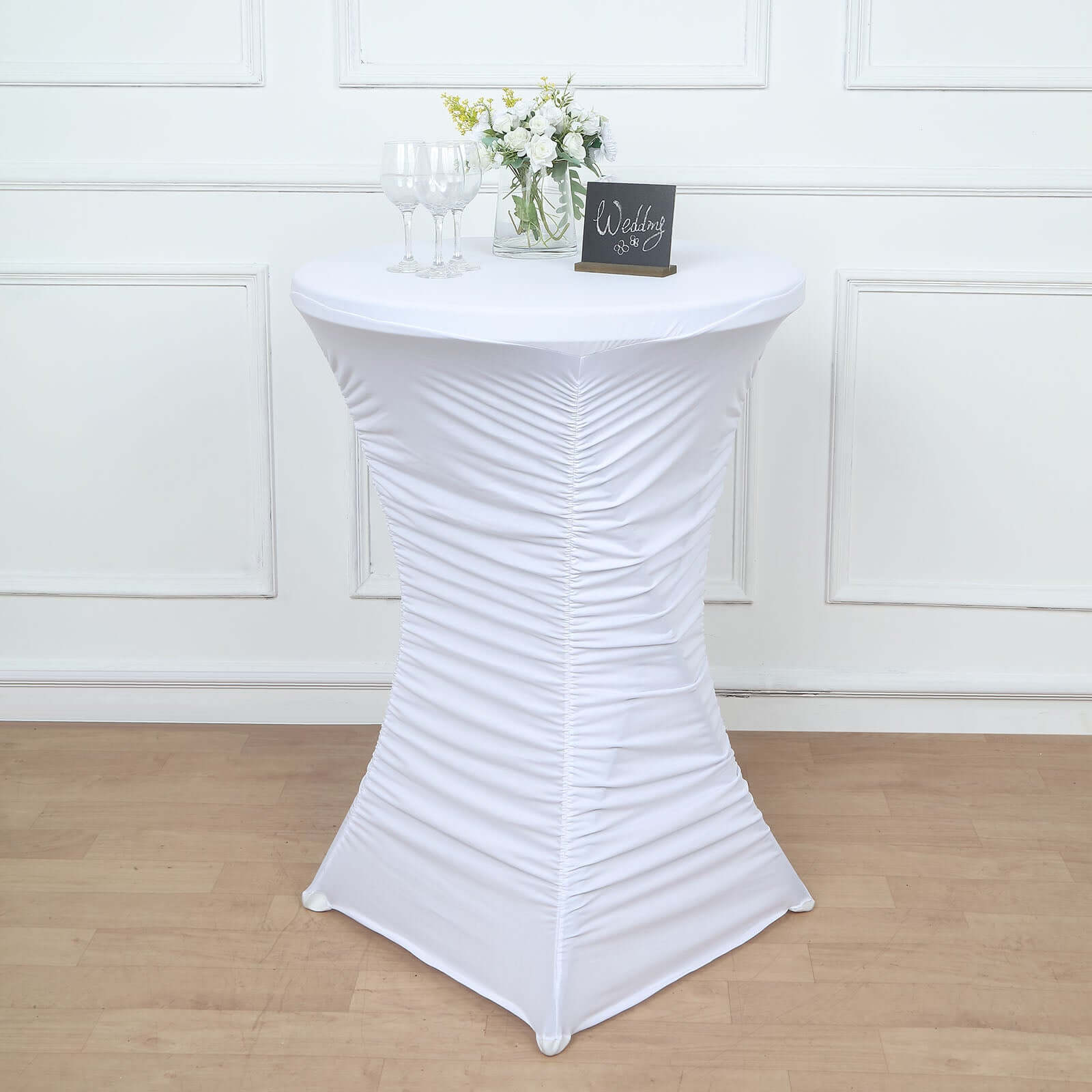 Heavy Duty Spandex 32 Fitted Round Cocktail Table Cover White Ruched Pleated - Durable Stretch Design
