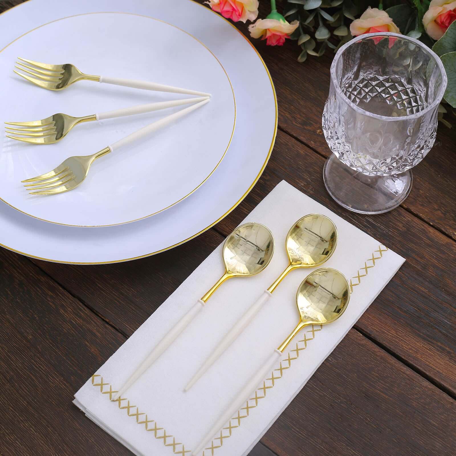 24-Pack Plastic Fork and Spoon Set Gold/Ivory - Heavy Duty Disposable Modern Utensils 6