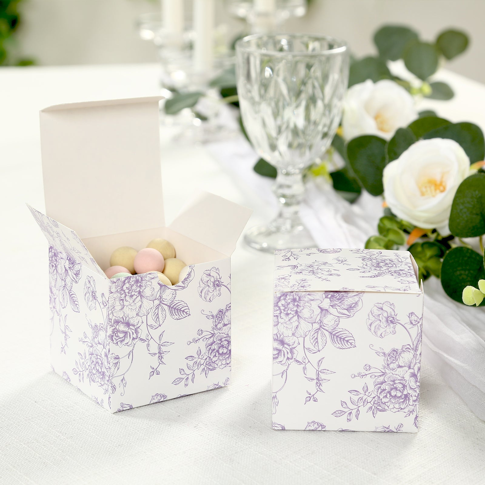 25 Pack Candy Treat Favor Boxes in French Toile Pattern - Matte Lavender and White Party Gift Boxes, Cardstock Paper - 3x3