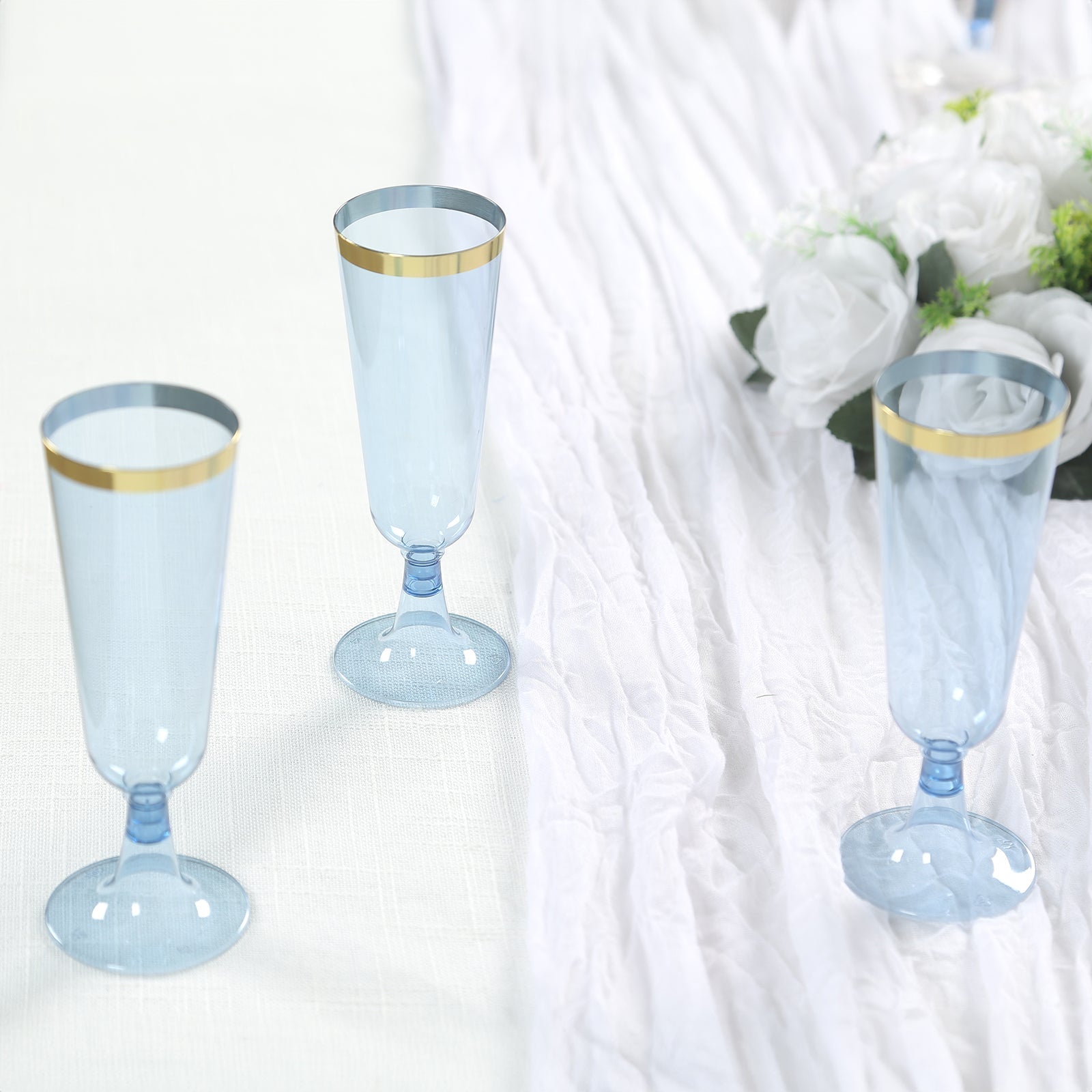 12-Pack Plastic Champagne Flutes Transparent Dusty Blue with Gold Rim - Stylish Disposable Cocktail Glasses for Parties 5oz 6