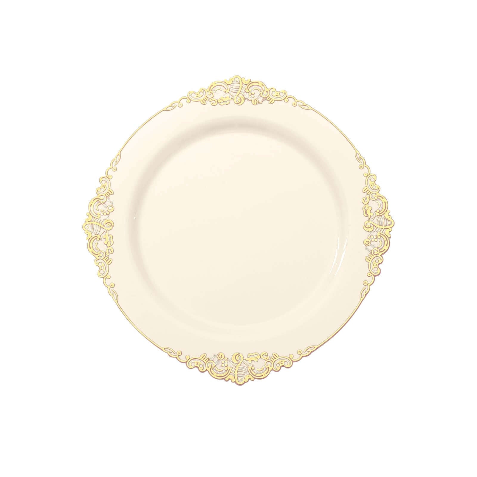 10-Pack Plastic 8 Round Dessert Plates in Ivory with Gold Leaf Embossed Rim - Disposable Vintage Baroque Style Salad Plates