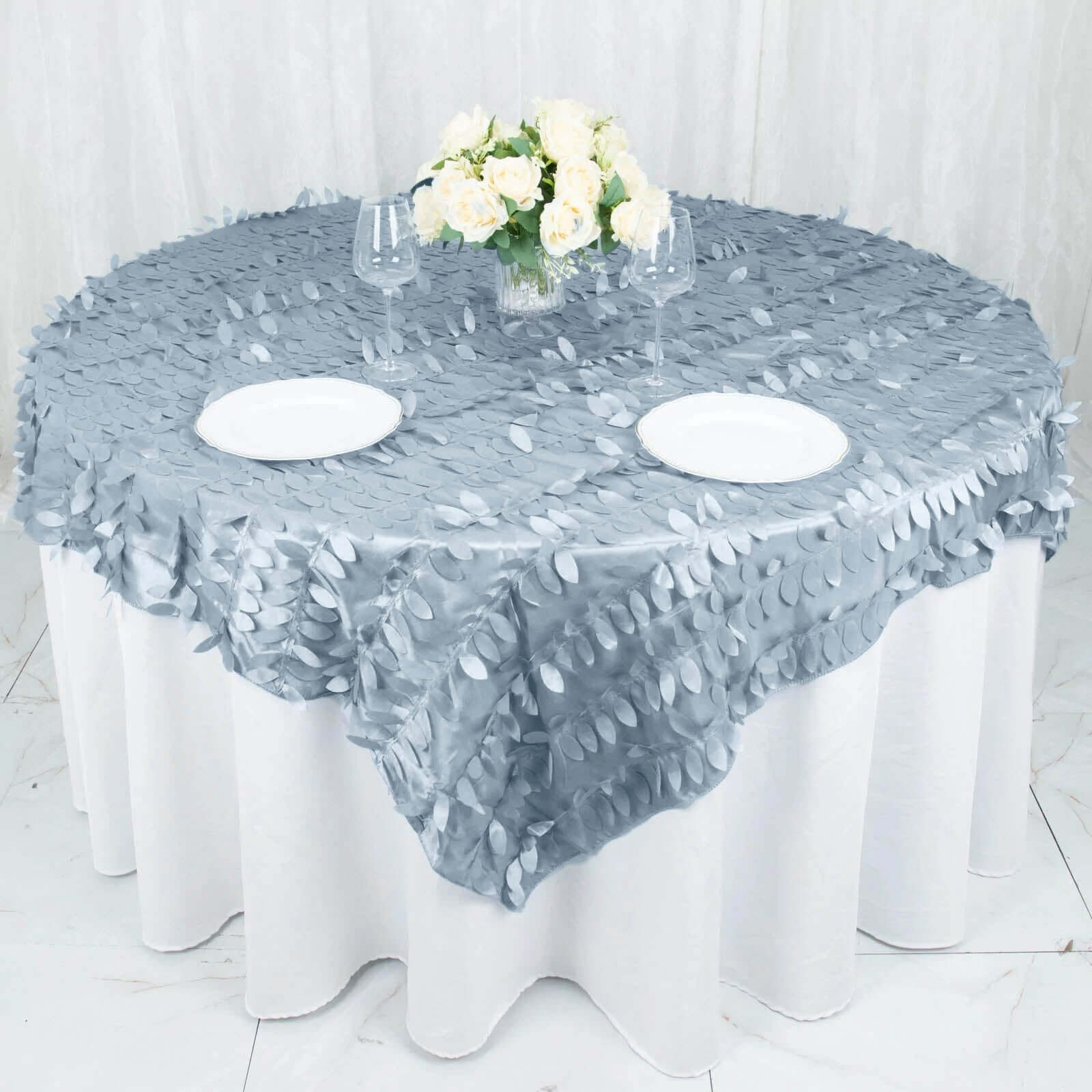 Taffeta 72x72 Table Overlay Square Tablecloth Dusty Blue - 3D Leaf Petal Table Cover