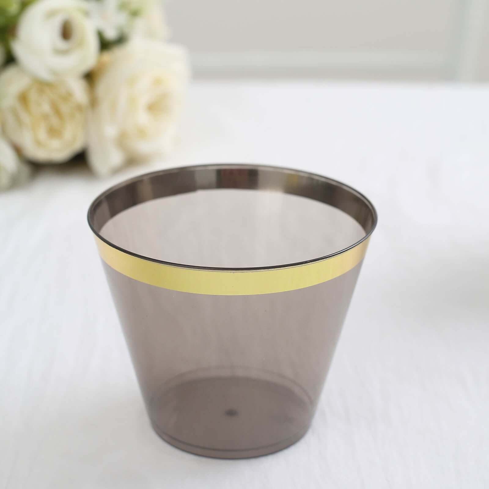 25-Pack Plastic Party Cups Transparent Black Crystal with Gold Rim - Stylish Short Disposable Glasses 9oz