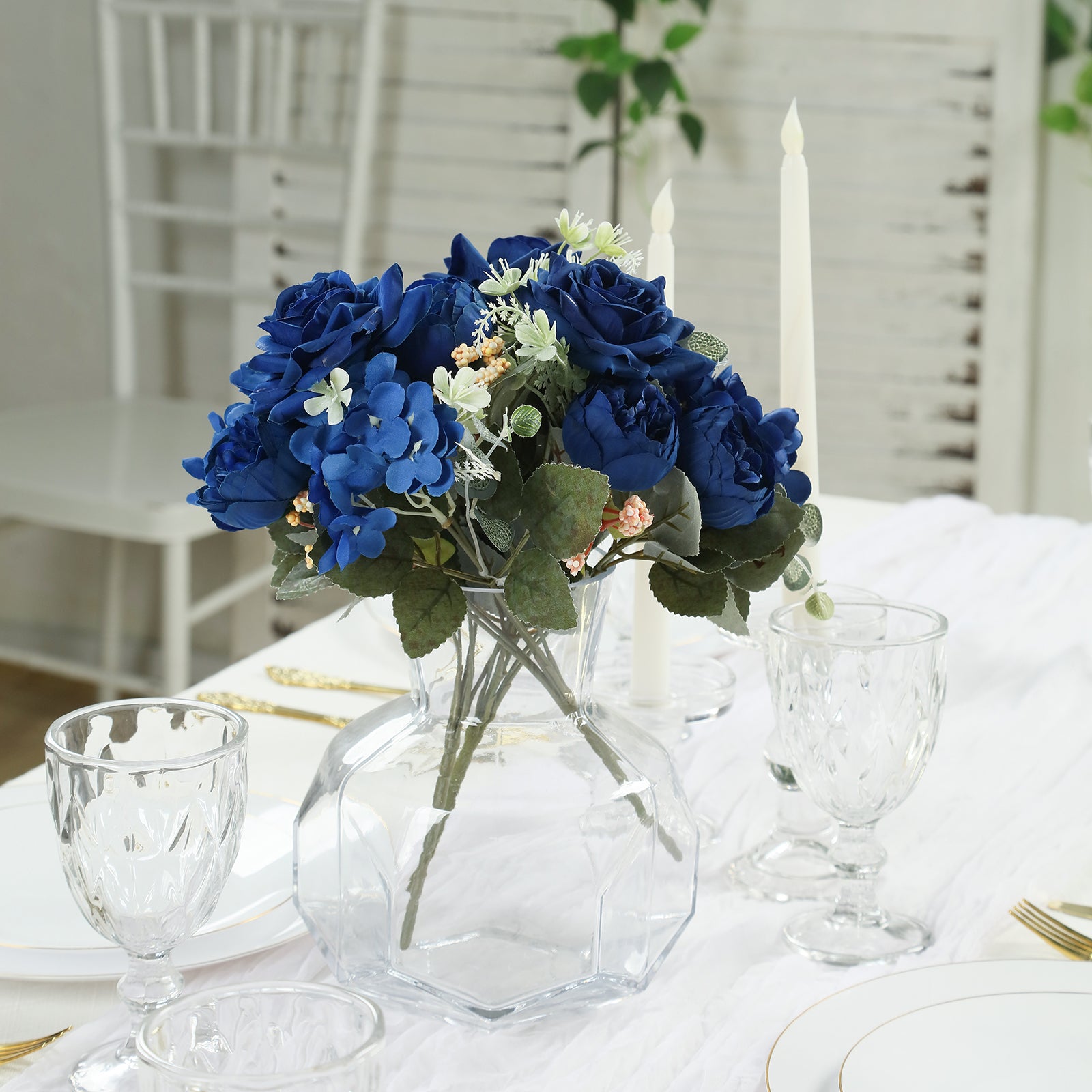 2 Pack Artificial Rose & Peony Floral Arrangements – 12 Navy Blue Silk Bouquets for Weddings & Home Décor