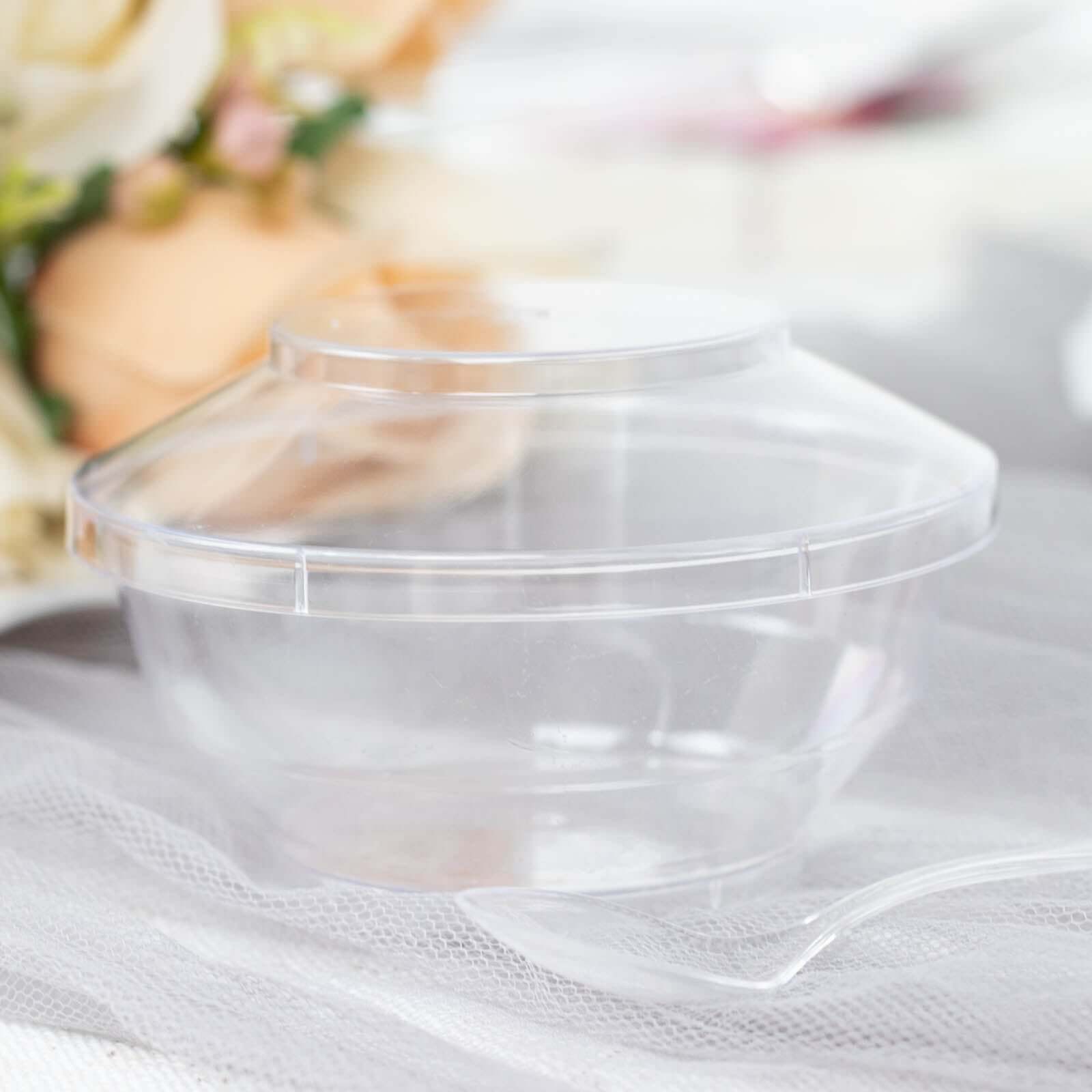 24-Pack Plastic Mini Party Bowl Set Clear with Lid and Spoon - Ideal for Desserts 3.5oz