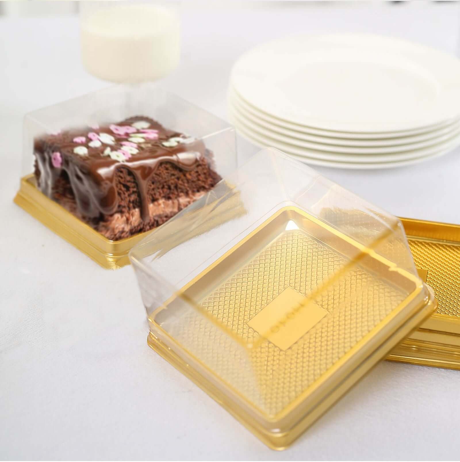 50 Pack Clear Gold Square Mini Plastic Cupcake Party Favor Boxes, Muffin Dessert Containers - 4x4x2.5