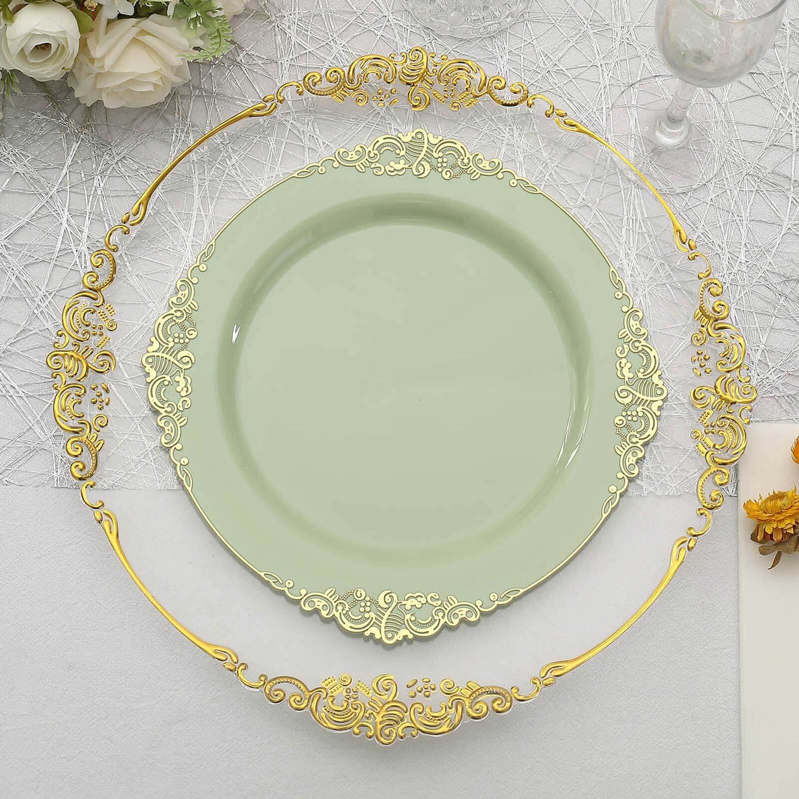 10-Pack Plastic 10 Round Dinner Plates in Sage Green with Gold Leaf Embossed Rim - Disposable Vintage Baroque Style Plates