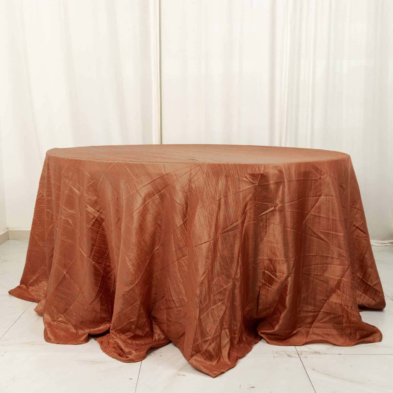 Taffeta 132 Round Tablecloth Terracotta (Rust) - Seamless Accordion Crinkle Table Cover