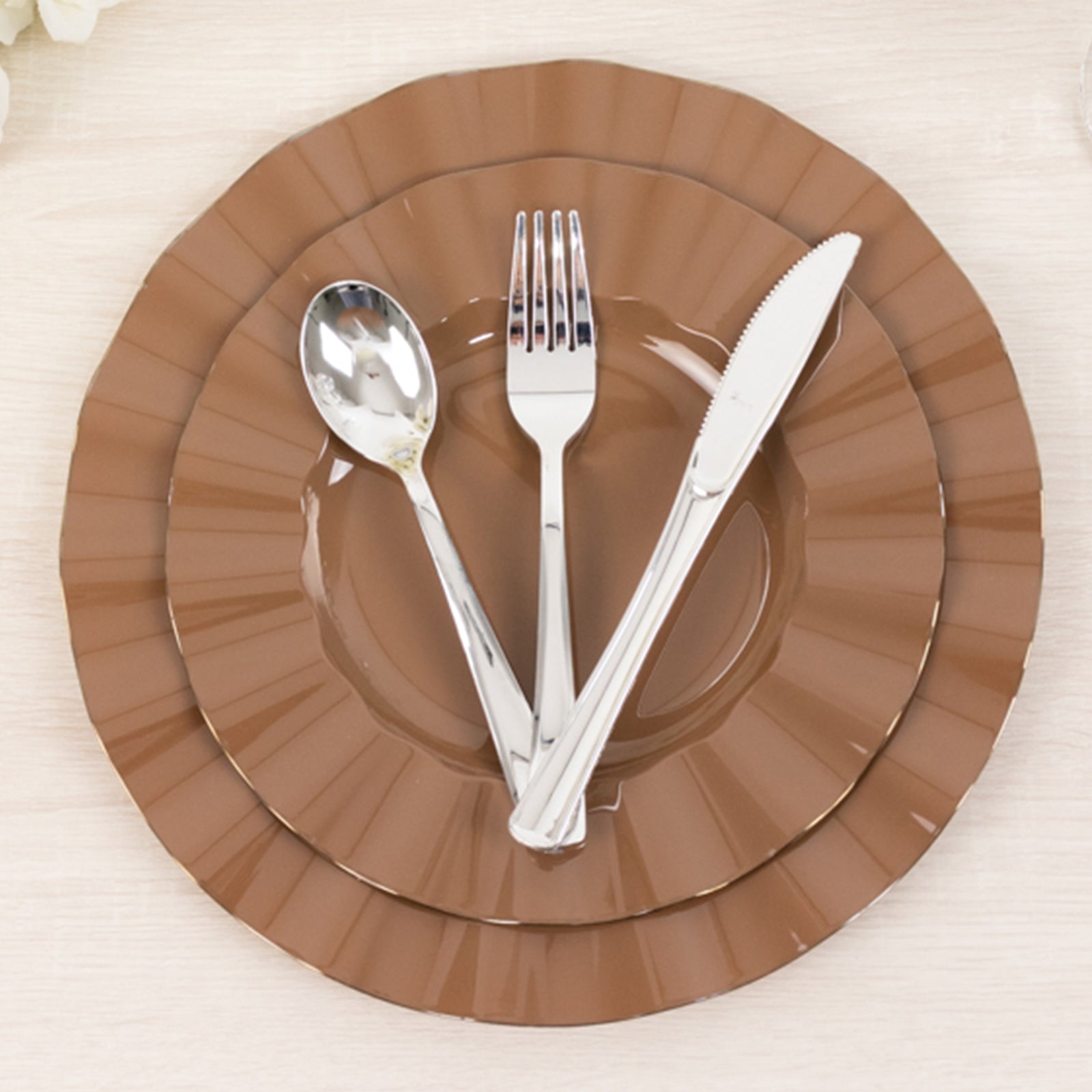 10-Pack Plastic 11 Round Dinner Plates in Coffee Brown Ruffled Rim with Gold Edging - Sturdy Disposable Dinnerware