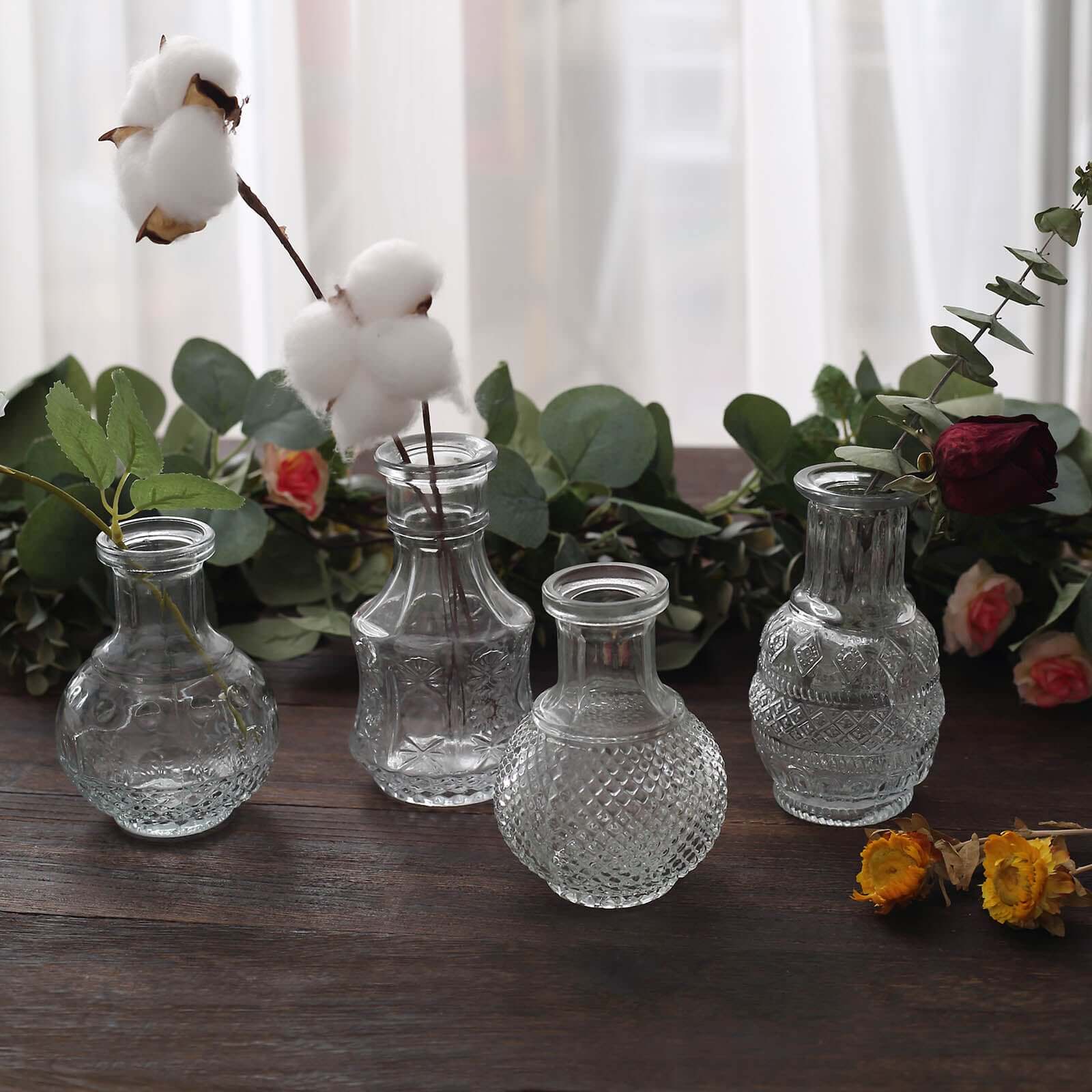 Set of 4 Clear Glass Bud Vases Antique - Vintage Wedding Table Centerpieces for Flowers