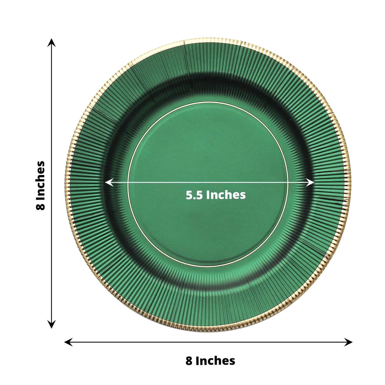 25-Pack Paper 8 Round Dessert Plates in Hunter Emerald Green Sunray Design with Gold Rim - Disposable Heavy Duty 350GSM Appetizer Salad Plates