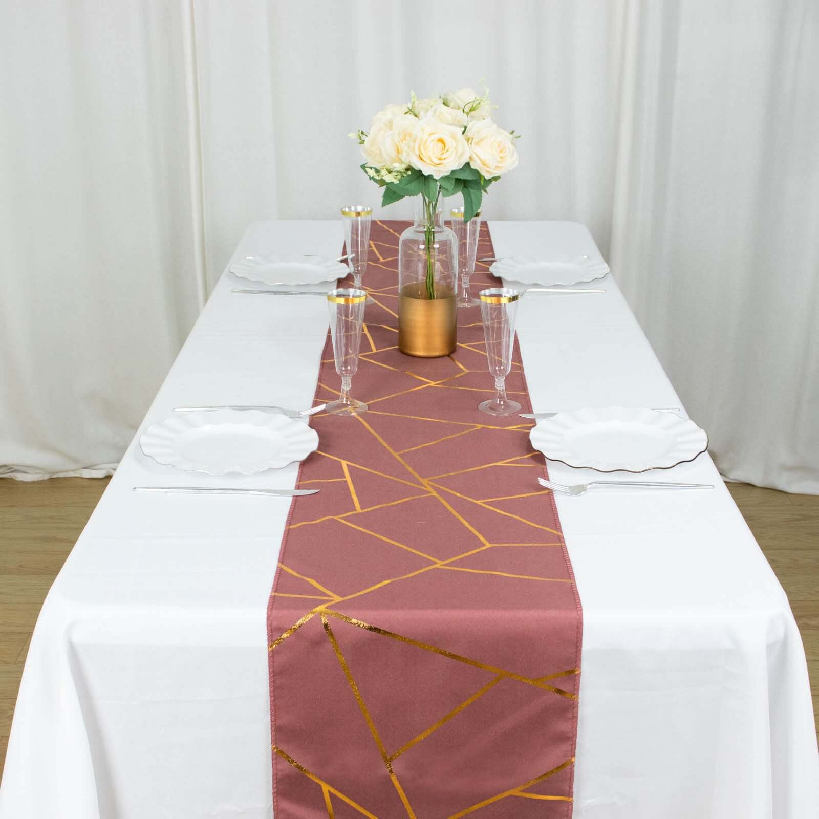 Polyester 9ft Table Runner Cinnamon Rose with Gold Foil Modern Geometric Accent