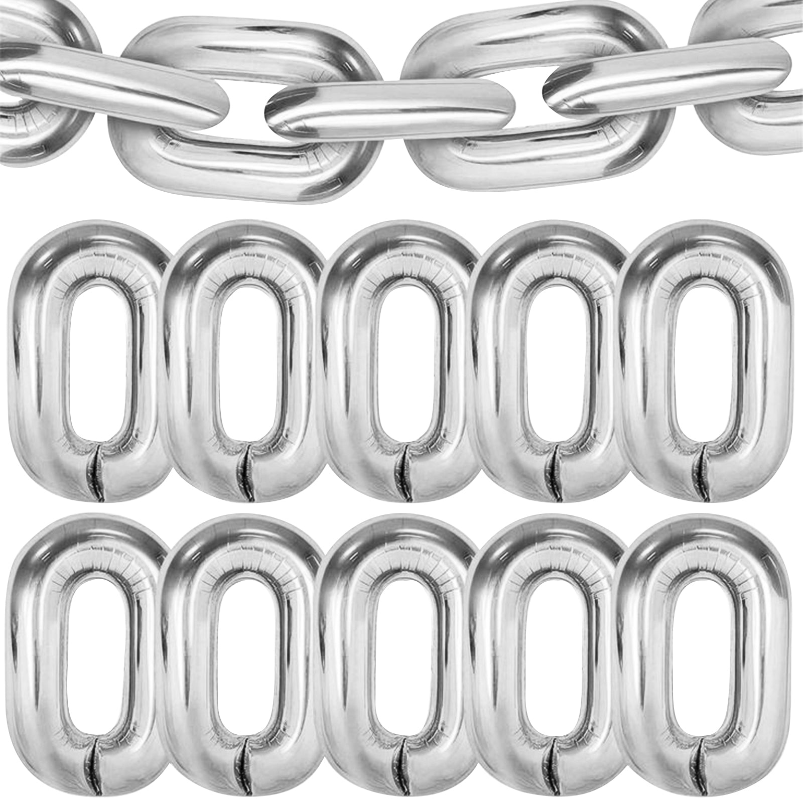 16ft Jumbo Chain Link Balloons in Silver, 30pack 8x12 Durable Foil Chain Balloons for 90s Hip Hop Party Decorations, Event Decor