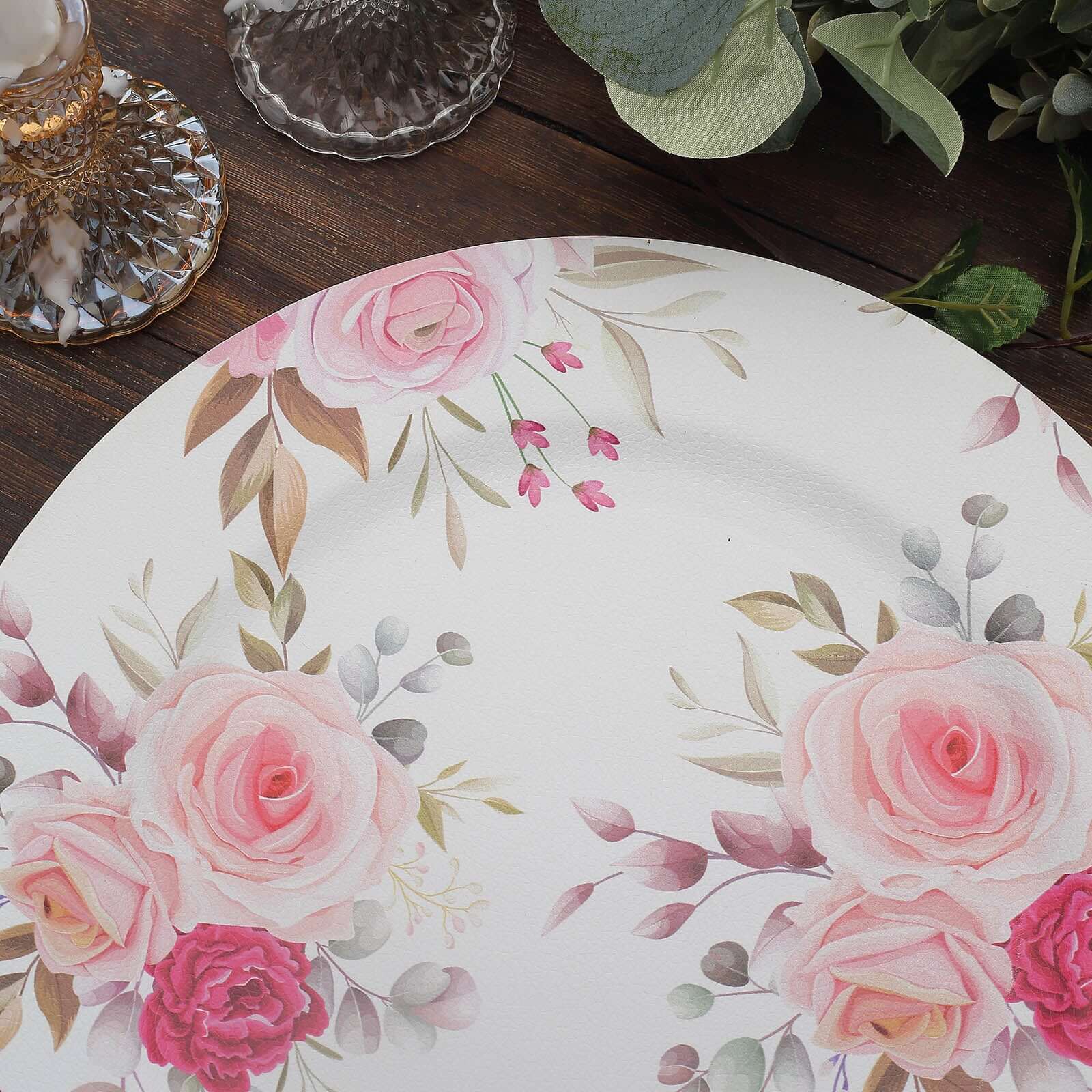 6-Pack Plastic Round Charger Plates 13 in White with Assorted Rose Floral Print, Decorative Dinner Party Charger Tableware