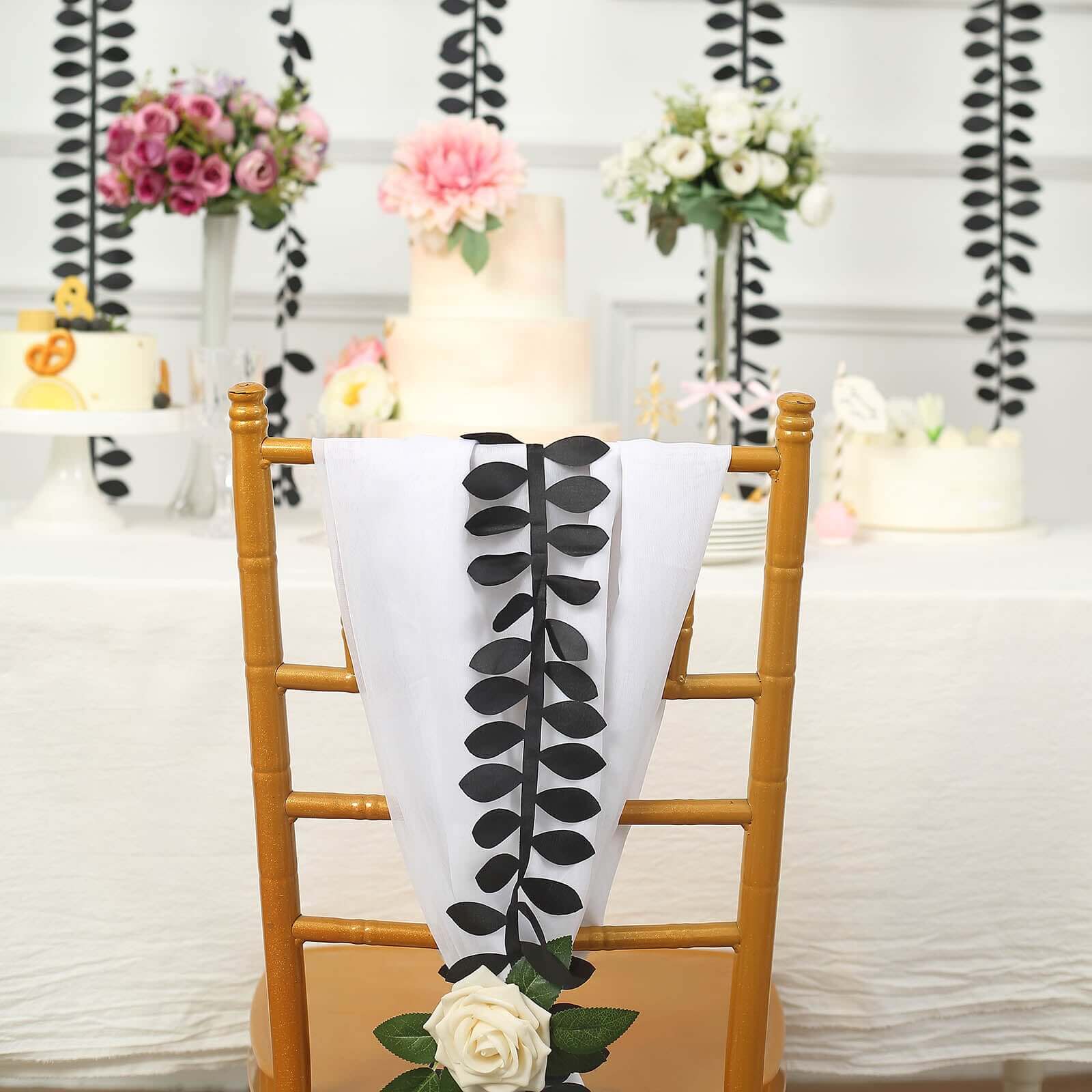 Taffeta Ribbon Sash with 4 Leaf Petal Design Black 50ft - Sophisticated Artificial Fabric Garland for Events