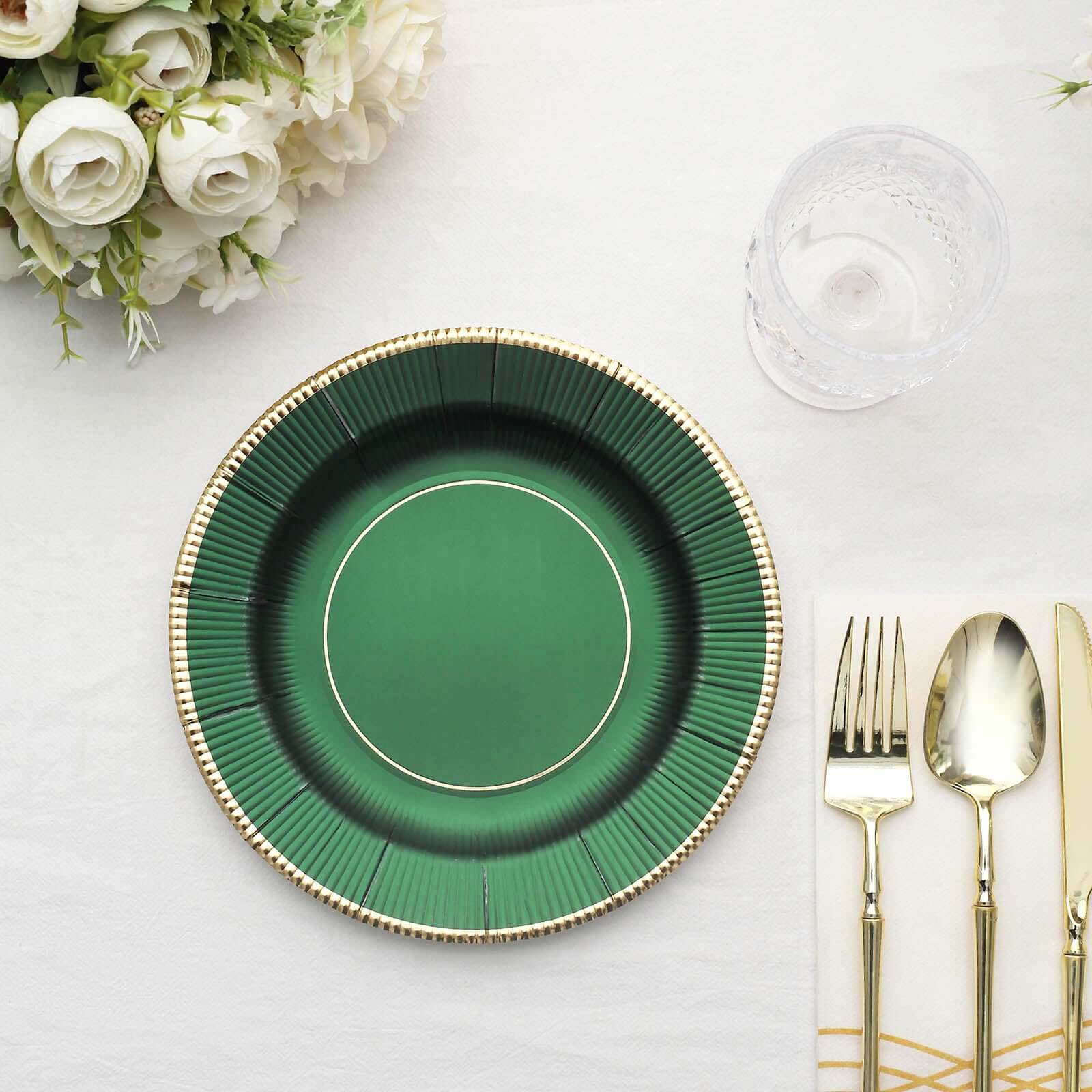 25-Pack Paper 8 Round Dessert Plates in Hunter Emerald Green Sunray Design with Gold Rim - Disposable Heavy Duty 350GSM Appetizer Salad Plates