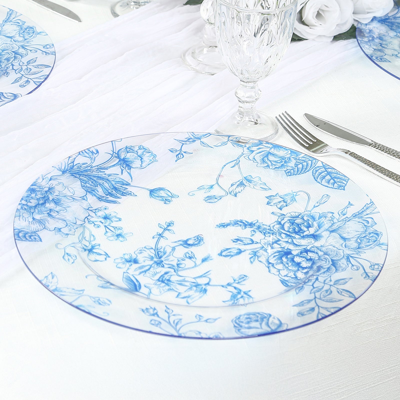 6 Pack Round Floral Acrylic Charger Plates in French Toile Pattern, 13 Clear Light Blue Dinner Charger Event Tabletop Decor