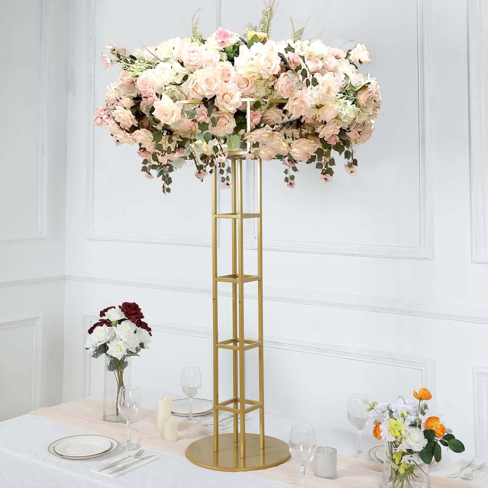 Metal Wedding Centerpiece Open Frame Design Gold - Grand Halo Top Floral Riser Pedestal 46