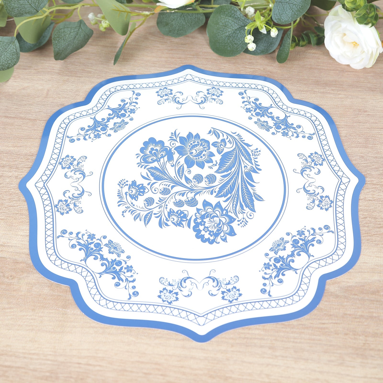 10-Pack Disposable Table Placemats 13 Round Placemats in White with Blue French Toile Pattern & Scalloped Rim - 400GSM Cardboard Placemats for Stylish Table Setting