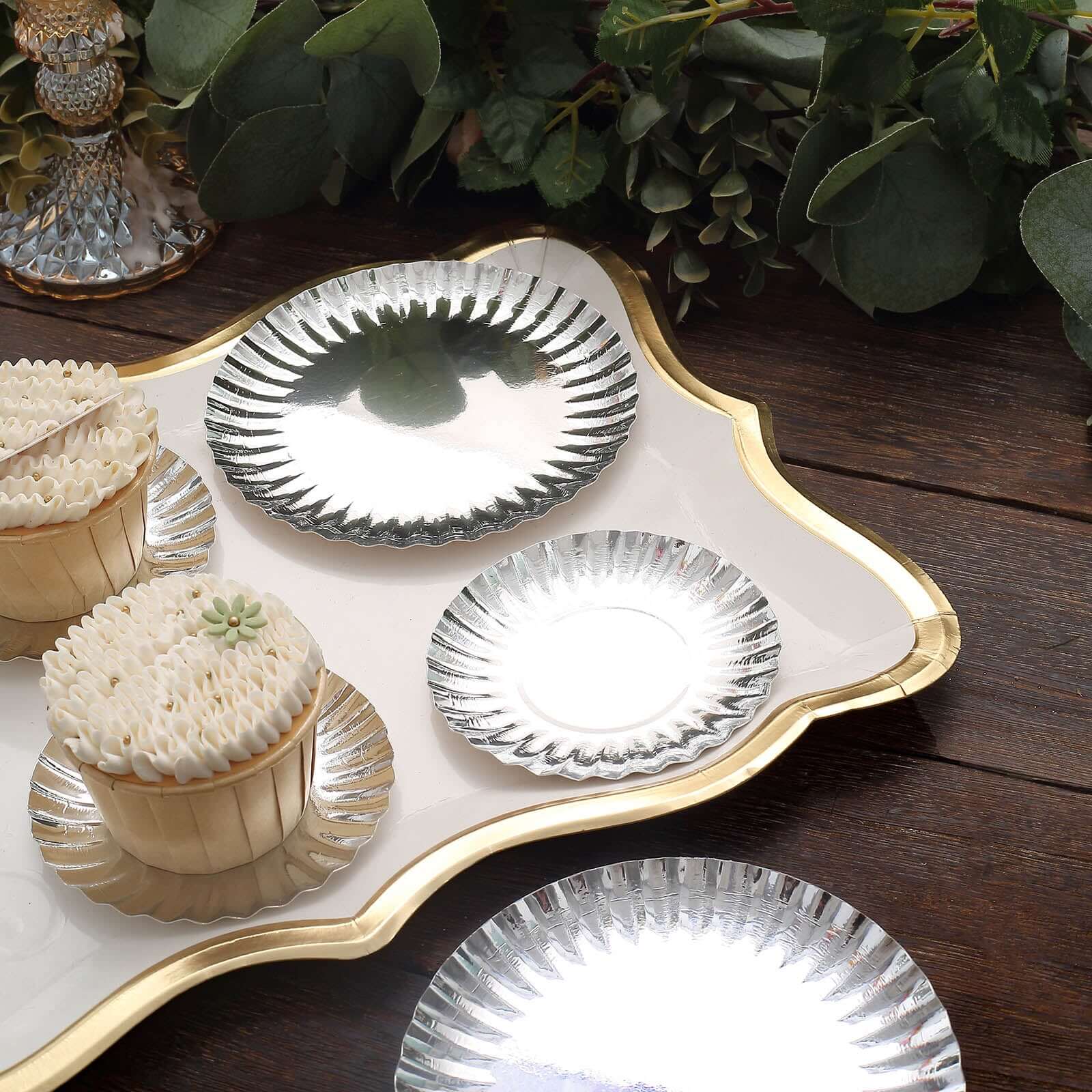 50-Pack Paper 5 Round Dessert Plates in Metallic Silver with Scalloped Rim - Disposable 250GSM Appetizer Party Plates