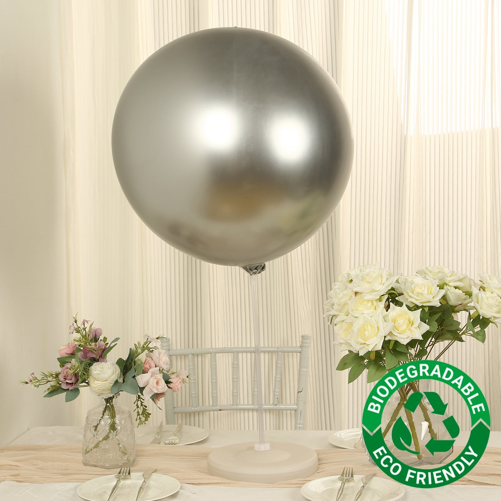 5 Pack Metallic Chrome Silver Biodegradable Balloons, 36 Large Round Eco-friendly Thickened Latex Party Balloons