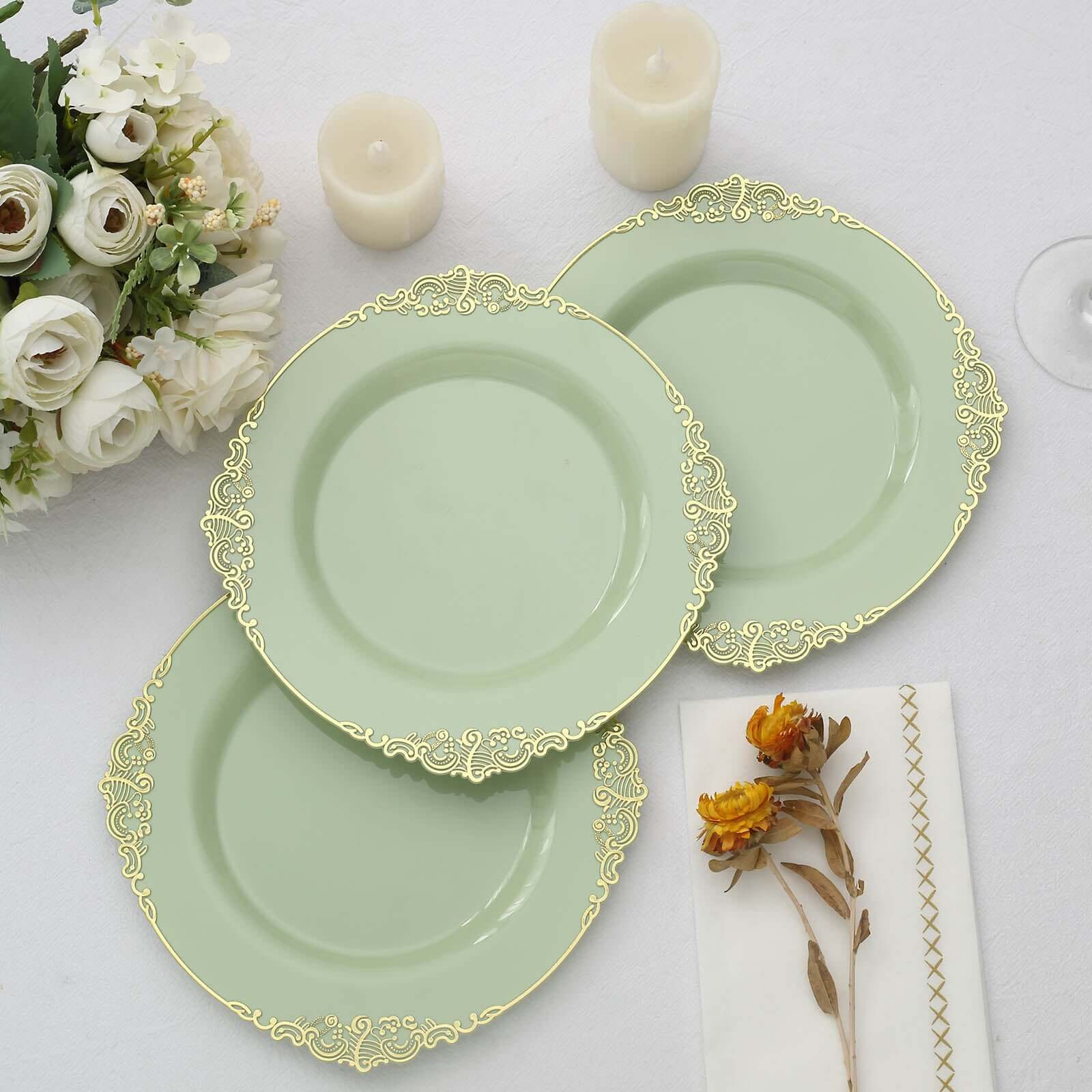 10-Pack Plastic 8 Round Dessert Plates in Sage Green with Gold Leaf Embossed Rim - Disposable Vintage Baroque Style Salad Plates