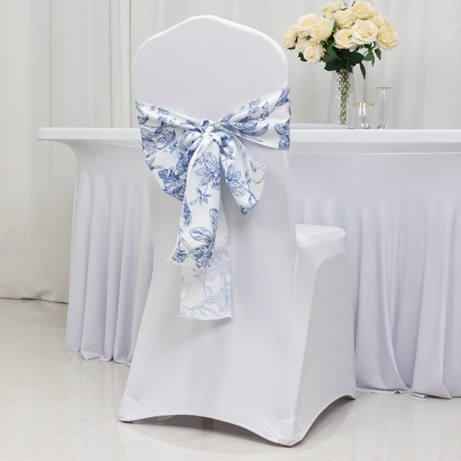 Polyester Chair Sashes White/Blue French Toile Floral Design - Wrinkle-Resistant & Durable Chair Bows for Exquisite Weddings & Banquets 6x108