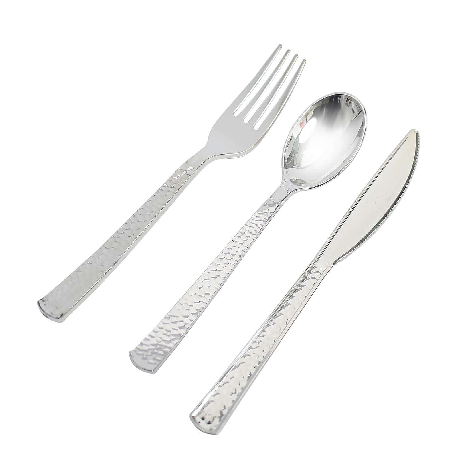 24-Pack Plastic Silverware Set with Hammered Design Silver - Heavy Duty Disposable Utensils 7