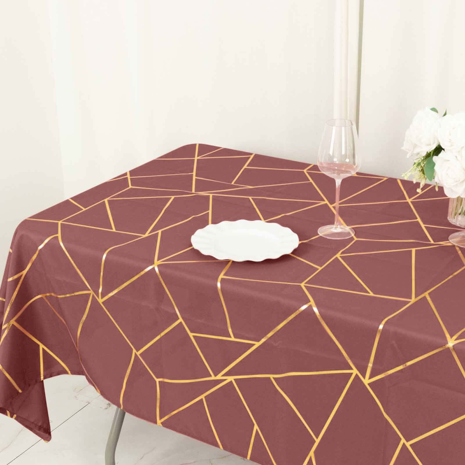 Polyester 60x102 Rectangle Tablecloth Cinnamon Rose with Gold Foil Geometric Pattern - Wrinkle-Resistant & Durable Table Cover