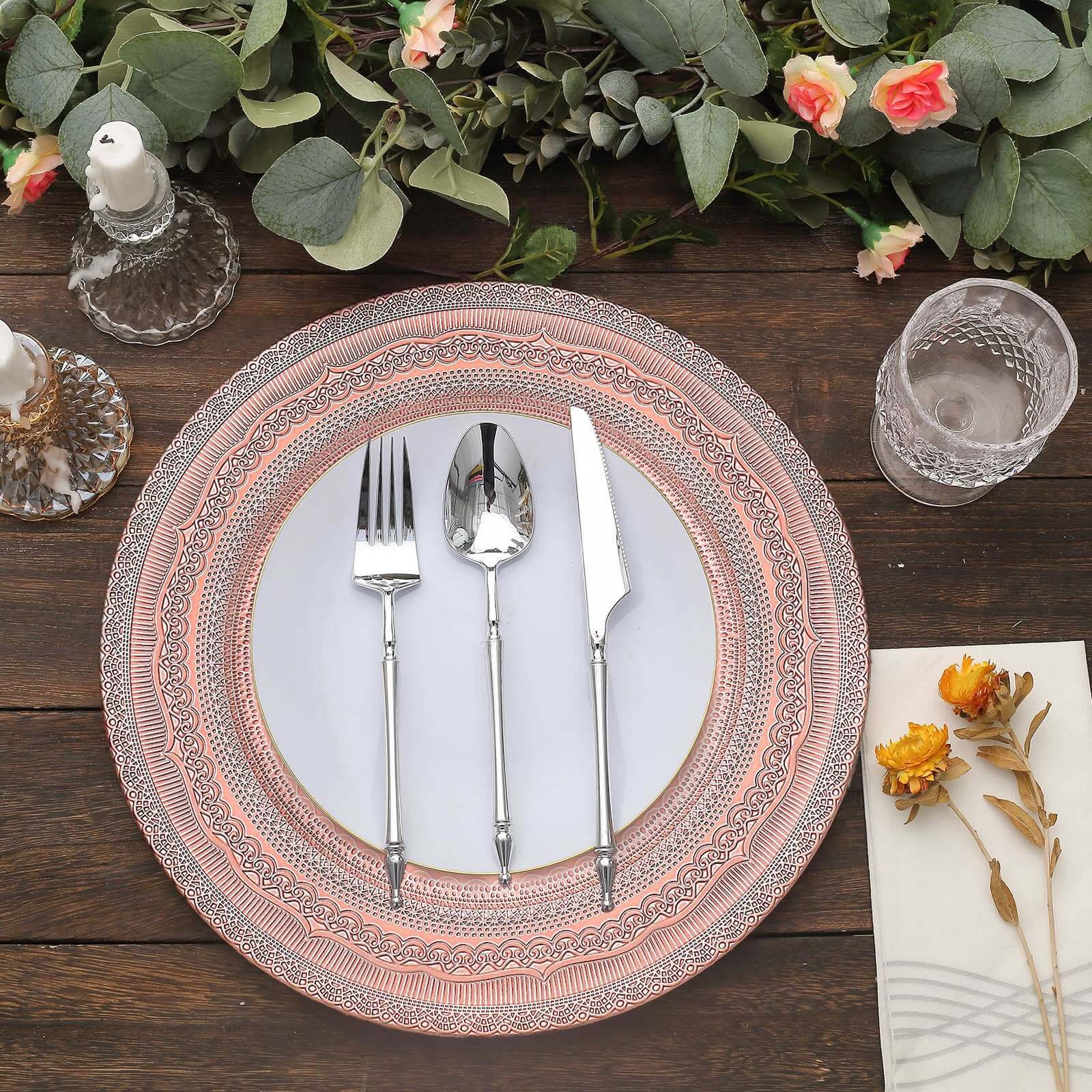 6-Pack Acrylic Round Charger Plates 13 in Rose Gold with Lace Embossed Rim, Rustic Plastic Decorative Charger Tableware