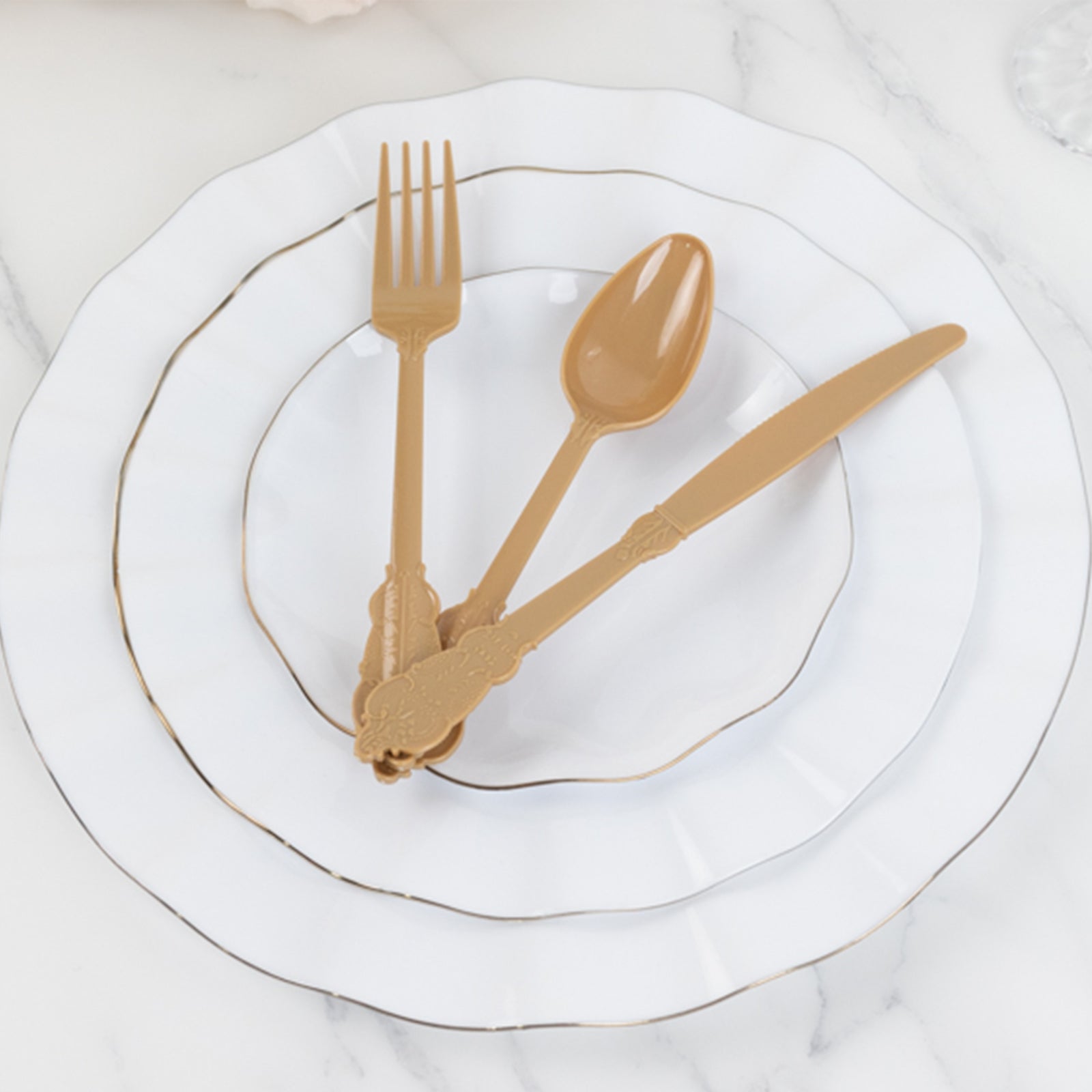 72 Pcs Plastic Silverware Set in Baroque Style Matte Gold - Heavy Duty Disposable Knife, Fork, and Spoon Set