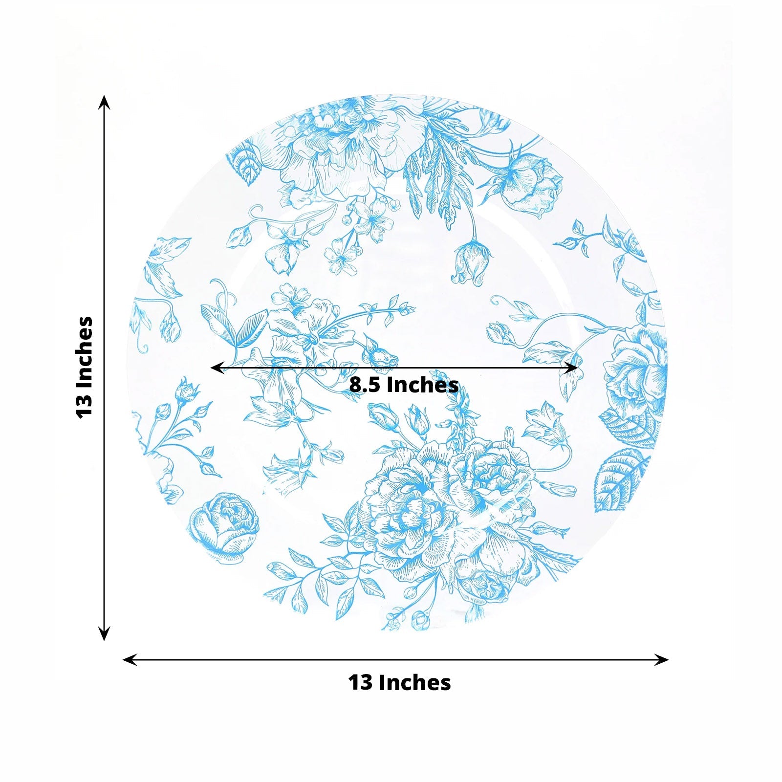 6 Pack Round Floral Acrylic Charger Plates in French Toile Pattern, 13 Clear Light Blue Dinner Charger Event Tabletop Decor