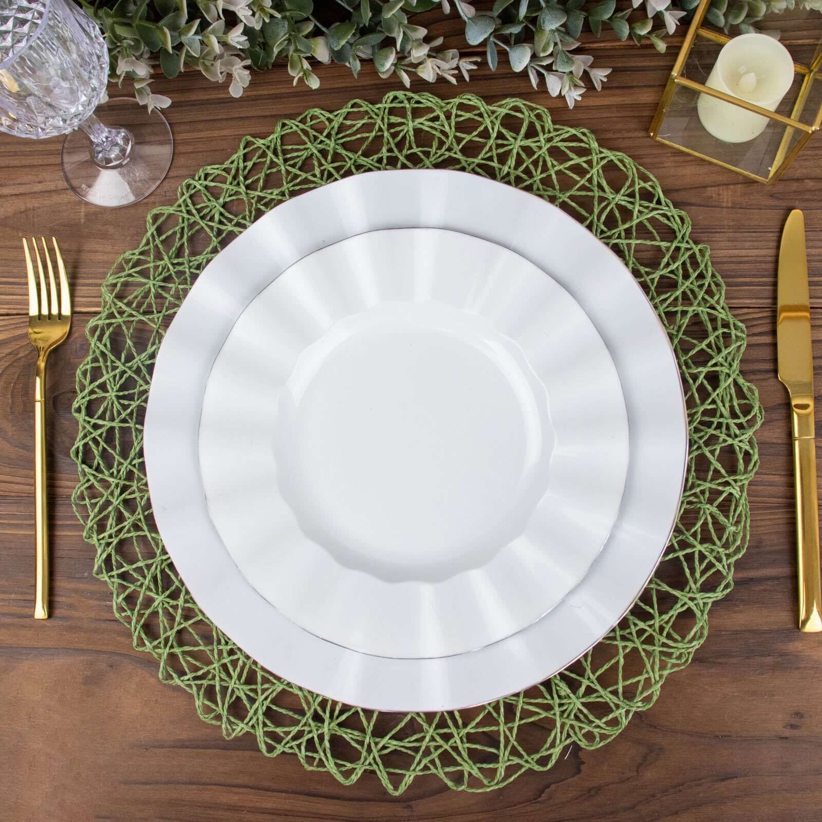 6-Pack Table Placemats Woven Fiber Design Olive Green Round - Disposable Mats for Dining and Events 15