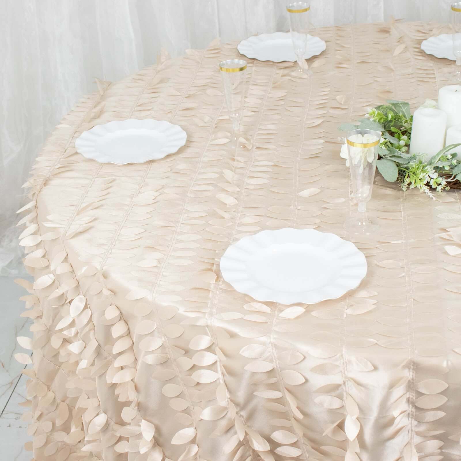 Taffeta 132 Round Tablecloth Beige 3D | 3D Leaf Petal Design Seamless Table Cover