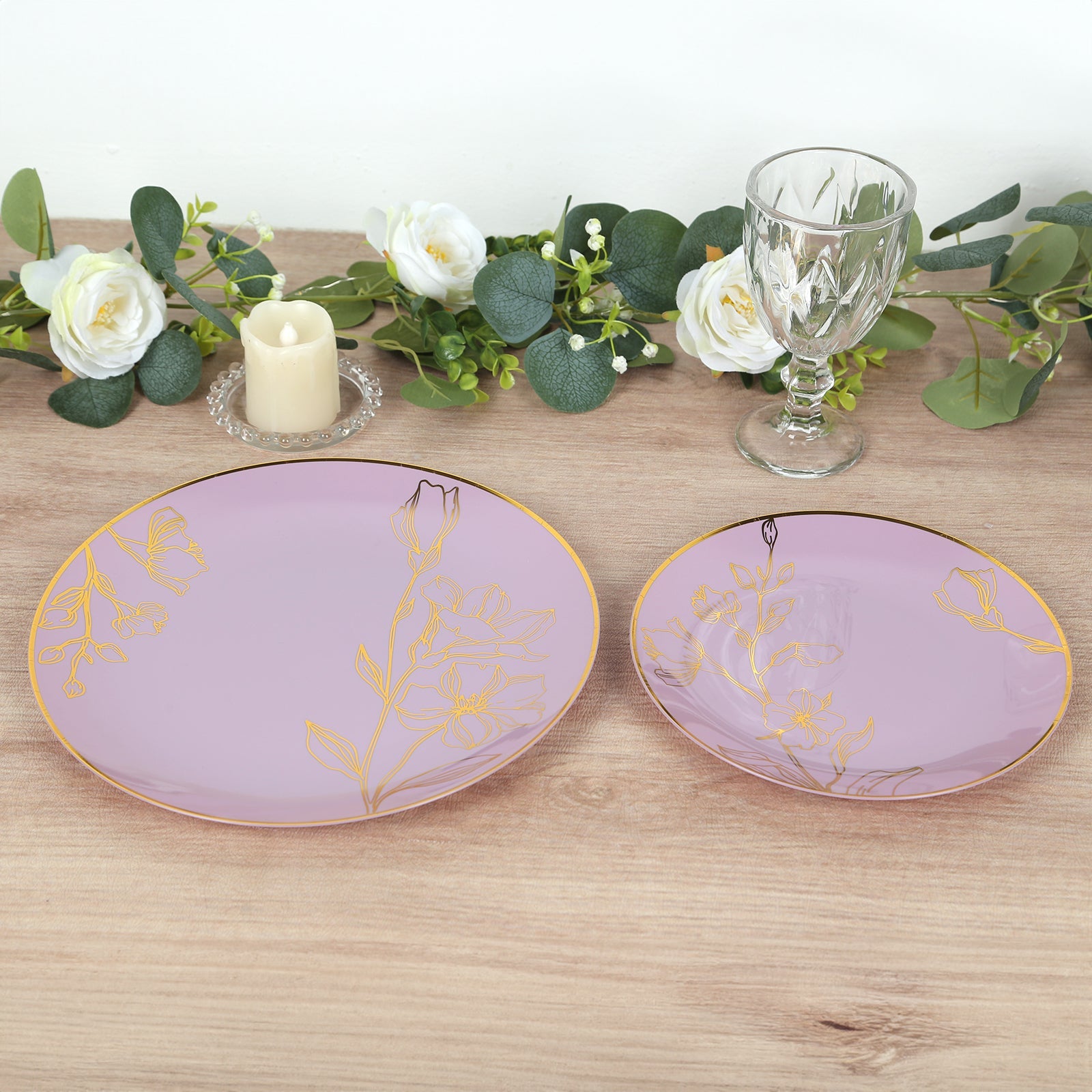 Set of 20 Plastic Round Dinner and Dessert Plates in Lavender Lilac with Metallic Gold Floral Design - Stylish Disposable Dinnerware 8, 10