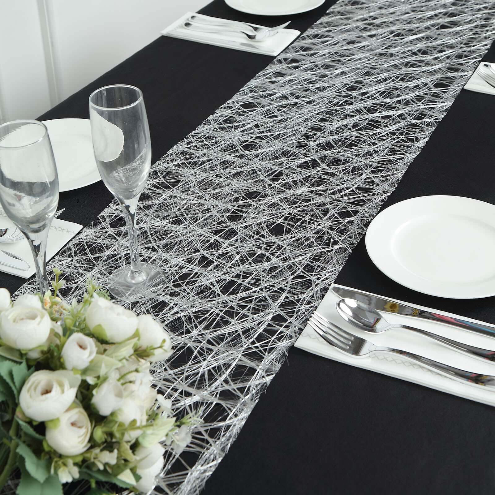 Polyester 12x108 Table Runner Metallic Silver Disposable Non-Woven Fiber Roll - Stylish & Chic Table Decor