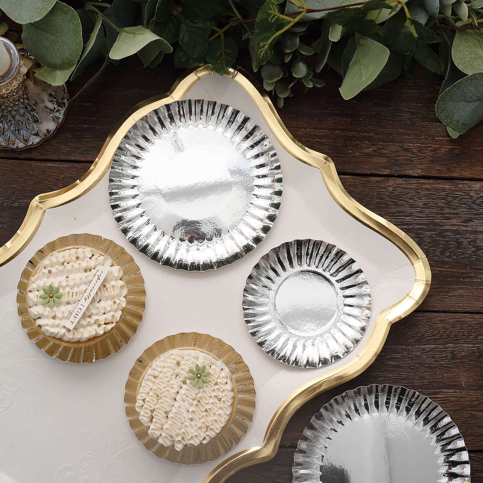 50-Pack Paper 5 Round Dessert Plates in Metallic Silver with Scalloped Rim - Disposable 250GSM Appetizer Party Plates